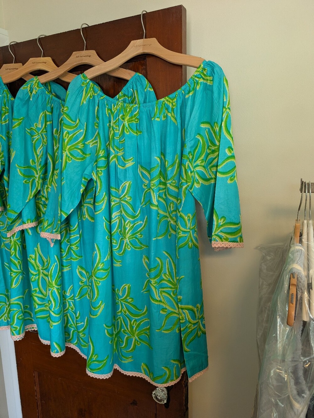 Moda Turquoise and Lime Green Floral Off-Shoulder Tunic